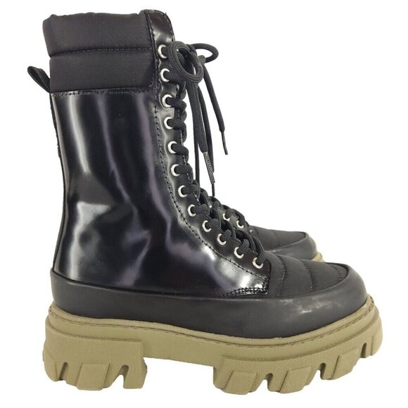 Ganni Quilted Nylon & Leather Combat Boot Size 35 US 5 Black Green $475 - Picture 4 of 12